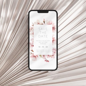 Cherry Blossom Save the Date Evite-sjabloon, bewerkbare bloemen Sakura-bruiloft, liefde in bloei, telefoon nodigt roze Japanse bloemen uit E-vite AAMW25