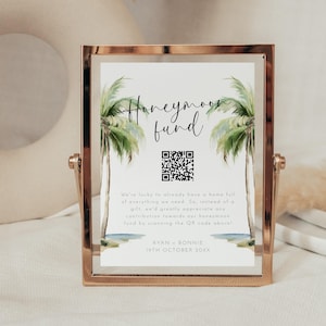 Szablon znaku funduszu na miesiąc miodowy Palm Tree z kodem QR, wydrukowany tropikalny znak studni życzeń na wesele, znak QR na prezent pieniężny na wesele na plaży AABR
