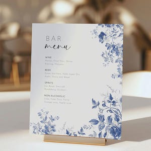 Blue Floral Wedding Bar Menu Sign, Editable Template, Printable Toile De Jouy Open Bar Drinks Menu, French Chinoiserie Let&#39;s Drink Sign AAAH