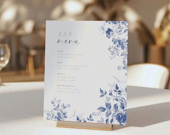 Blue Floral Wedding Bar Menu Sign, Editable Template, Printable Toile De Jouy Open Bar Drinks Menu, French Chinoiserie Let's Drink Sign AAAH