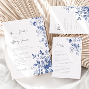 Französische blaue Toile-Einladungsfolge, bearbeitbare Hochzeitseinladungsvorlage, Toile De Jouy Chinoiserie-Hochzeitsset, Antwortkarten mit QR & Details AAAH