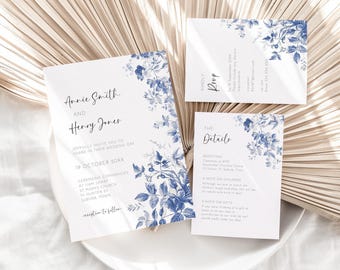 Puede incluir: Conjunto de invitaciones de boda florales azul y blanco con los nombres Annie Smith y Henry Jones, la fecha 19 de octubre de 20XX y el texto "Recepción a continuación".