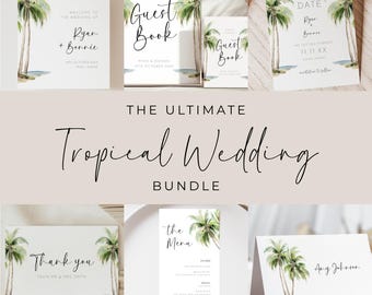Tropical Palm Tree Wedding Bundle, Editable Templates, Beach Wedding Signs, Wedding Set, Large Wedding Bundle Printable Stationery AABR