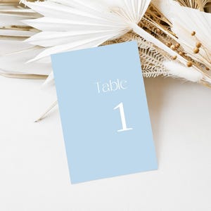 Números de mesa azul empoeirado, placa de número de mesa de casamento, modelo editável, cartão para impressão, decoração de recepção de jantar de chá de bebê AAAK21