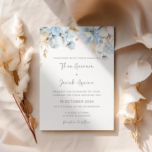 Szablon zaproszenia ślubnego Dusty Blue Floral Light Blue Zaproszenie Kwiaty akwarelowe, Szczegóły przyjęcia ceremonii Elegancki AATJ1