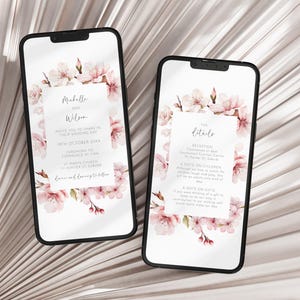 May include: Two digital phone screens with a floral design and wedding invitation text. The text on the left screen reads "Michelle and Wilson" and the text on the right screen reads "The Details".