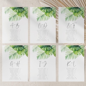 Schede di posti a sedere in ordine alfabetico tropicale, modello modificabile, matrimonio in spiaggia Trova il tuo posto in ordine alfabetico, assegnazione del tavolo con palma Monstera AAJA