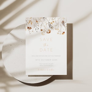 Carte réservez cette date Boho fleurs sauvages, modèle modifiable DIY, avis « Retenez notre date » imprimable, faire-part de mariage floral orange brûlé