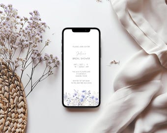 Wildflower Bridal Shower Digital Invite, Electronic Invitation Template, Editable Phone Invite, Something Blue Wildflowers, Boho  AAJC24/2