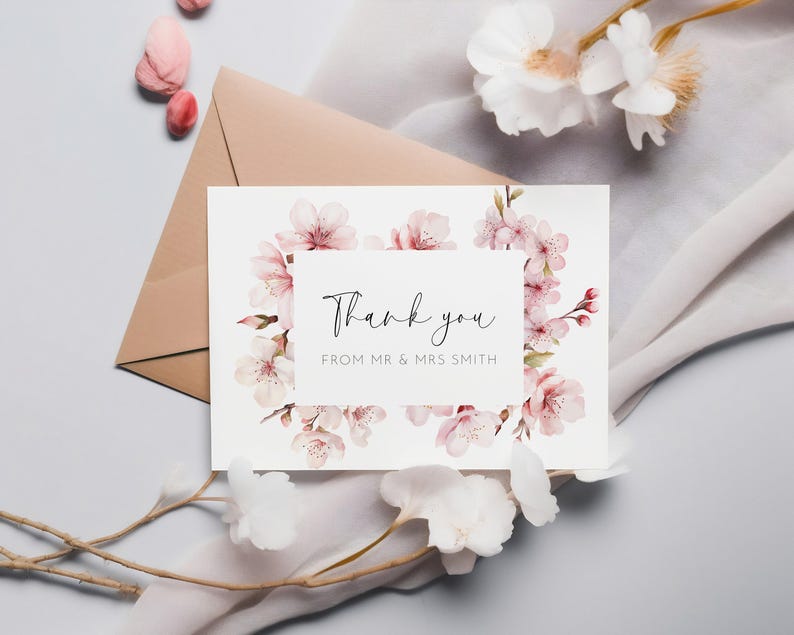 Cherry Blossom Thank You Card Editable Template, Personalized Wedding ...