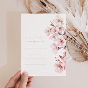 Tarjetas de despedida de soltera con consejos y deseos, plantilla imprimible, flores de cerezo rosa, tarjeta con flores de sakura japonesas, té de despedida de soltera AAMW35