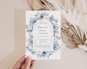 Floral Bridal Shower Invitation Dusty Blue, Something Blue Bridal Invitation, Printable Editable Invite Template, Wedding Shower Tea AAMM6