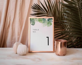 Tropical Wedding Table Number Sign, Palm Leaves Table Signage, Monstera Leaves Printable Table Numbers, Beach Party DIY Table Decor AAJA