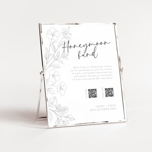 Plantilla editable con código QR para tarjeta de regalo de luna de miel, letrero de pozo de los deseos de boda con flores dibujadas a mano, letrero de regalo en efectivo, letrero de boda minimalista AASJ