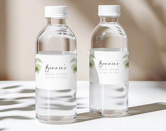 Plantilla de etiqueta para botella de agua editable, recuerdos tropicales para despedida de soltera, etiqueta personalizada para bebida de despedida de soltera con palmeras AABR