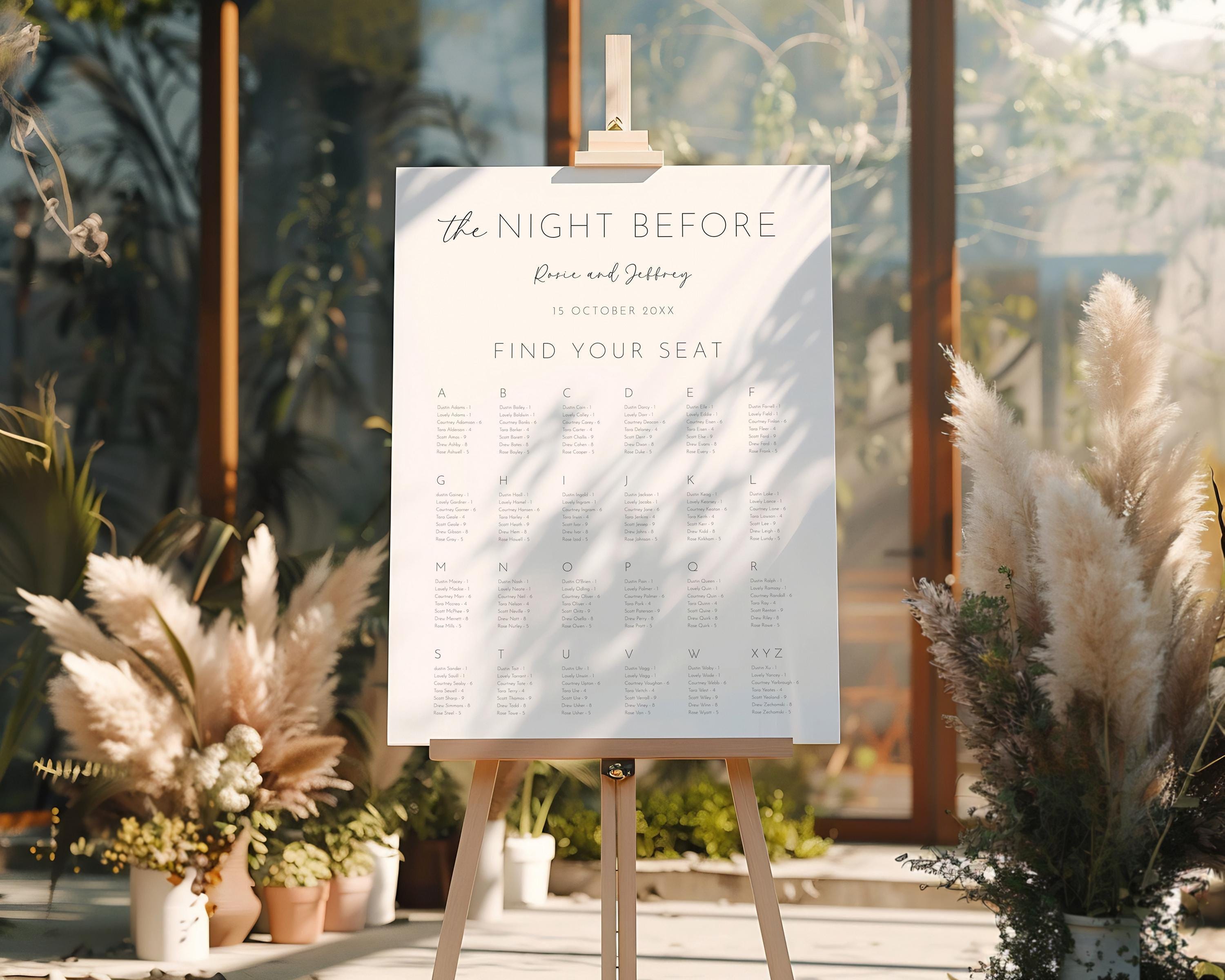 Wedding Rehearsal Dinner Seating Chart by Alphabet, Editable Template ...