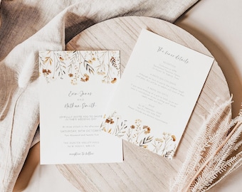 Wedding Invitation Burnt Orange Wildflowers, Editable Template, Fall Wedding Invite, Boho Terracotta Floral Invite, Rust Colored Flowers