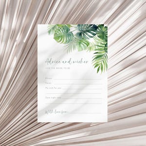 Tropische Brautparty Rat Karten, DIY druckbare Vorlage, Palmenblätter Wünsche für die Braut, Monstera Greenery Braut Ratschläge Spiel AAJA