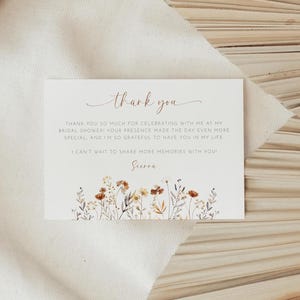 Tarjeta de agradecimiento para despedida de soltera con flores silvestres, plantilla editable, tarjeta personalizada para despedida de soltera de otoño, nota de agradecimiento imprimible para despedida de soltera AAEN