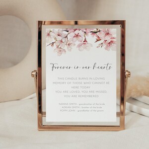Puede incluir: Un letrero conmemorativo enmarcado con el texto "Forever in our hearts". El letrero presenta un diseño floral con flores rosas en la parte superior. El texto incluye un mensaje de recuerdo y los nombres de los seres queridos.