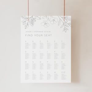 Minimalistisch bord bruiloft zitplaatsen, DIY bewerkbare sjabloon, handgetekende bloemen plattegrond AZ, alfabetische volgorde stoeltoewijzing AASJ