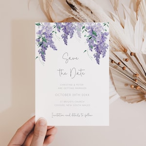 Lila Glyzinien Save The Date Einladungskarte, bearbeitbare Vorlage, Ankündigung des Hochzeitsdatums in Lavendel, druckbare lila Blumen einladen AACC