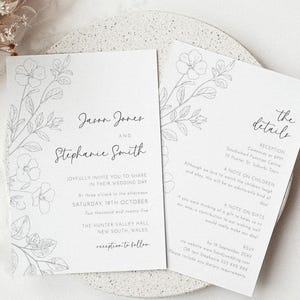 Minimalistische Blumenhochzeitseinladung, bearbeitbare druckbare Vorlage, doppelseitiges Einladen mit Hand gezeichneten schwarzen und weißen Blumen AASJ