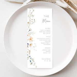Tarjeta de menú de boda fina con flores delicadas, plantilla editable, menú de cena con flores silvestres, decoración de mesa de despedida de soltera con flores silvestres imprimible AAAF