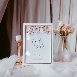 Letrero de boda con tarjetas y regalos, plantilla editable, flor de cerezo rosa, sakura japonesa, letrero para la mesa de recepción de bodas, letrero de mesa AAMW