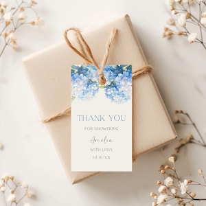 Modèle d&#39;étiquette de douche nuptiale bleu hortensia, étiquettes de faveur imprimables personnalisées Merci, étiquettes cadeaux, étiquette de douche avec amour
