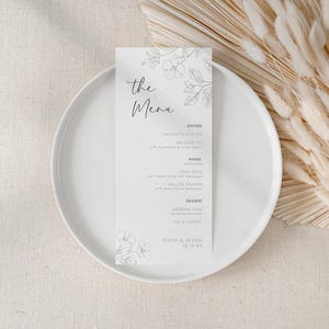Plantilla editable de menú de boda con flores dibujadas a mano, tarjeta de menú delgada imprimible, contorno floral minimalista para menú de cena de boda, decoración de ducha AASJ