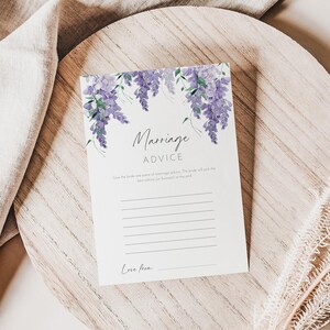 Eheempfehlungskartenvorlage, druckbare Hochzeitsempfehlungskarten Glyzinienblume, bearbeitbares lila Brautduschenspiel, Jungvermähltenwünsche AACC