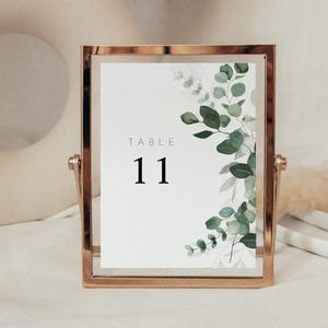 Sage Green Table Number Editable Template, Eucalyptus Leaves Table Signage, Simple Printable Greenery Wedding Reception Table Numbers AAGA