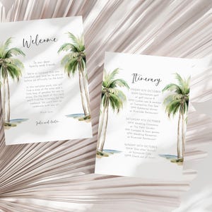 Modèle d'itinéraire de mariage palmier, programme tropical d'événements le week-end, lettre de bienvenue pour mariage à destination de la plage et carte chronologique AABR