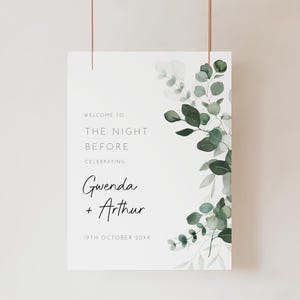 Eucalyptus Leaves Rehearsal Dinner Welcome Sign, Editable Template, Greenery Welcome Poster, Night Before Sage Green Wedding Signage AAGA