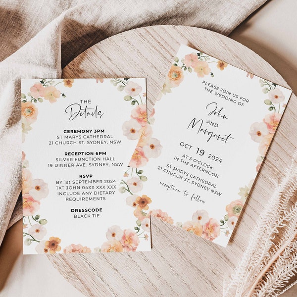 Boho Floral Wedding Invitation template, Bohemian Peach Coral Blush Pink Watercolor 5x7" AAMJ1