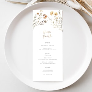 Menú de flores silvestres y tarjeta de agradecimiento, plantilla editable, menú de boda boho, nota de mesa con diseño floral en color naranja quemado, menú con tarjeta de mesa AAEN