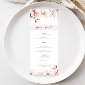 Kirschblüten-Abendmenü mit Namen Kartenvorlage, Hochzeit Tischkarte, personalisierte Custom, Empfang Essen, rosa japanische Sakura AAMW5