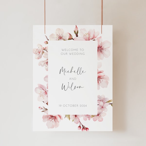 Kersenbloesem bruiloft welkom teken, roze Sakura bloemen poster sjabloon, liefde in bloei bewegwijzering, lente grote bewerkbare, baby shower AAMW18