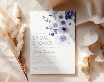 Purple Floral Bridal Shower Invite, Editable Template, Lavender Bridal Brunch Invitation, Modern Bridal Invite, Lilac Purple Flowers AAAS6