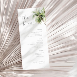 Wedding Menu with Palm Tree, Editable Template, Printable Tropical Slim Menu Card, Beach Wedding Dinner Menu, Hawaii Theme Shower Decor AABR