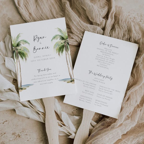 Tropisches Hochzeitsprogramm, Fächervorlage, Willkommensfächer mit Palmen, Strandhochzeitszeremonie, druckbare Dienstordnung AABR