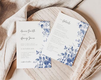 Blauwe Franse toile-huwelijksuitnodiging, bloemenporseleinen uitnodiging bewerkbare sjabloon, chinoiserie-huwelijksuitnodiging, toile de jouy-patroon AAAH
