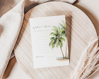 Tropical Bridal Shower Advice Cards, DIY Printable Template, Palm Tree Wedding Wishes for the Bride, Beach Theme Bridal Advice Game AABR