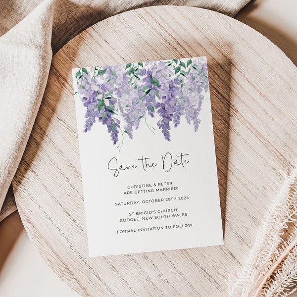 Save The Date invitation template INSTANT digital download Purple wisteria lavender wedding notice Printable editable lilac floral AACC3