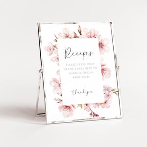 Kirschblüte Rezept Tischschild Vorlage, lassen Sie Ihre Rezepte Rosa Blumen Brautdusche druckbare Beschilderung, Hochzeitsdusche Aktivität AAMW