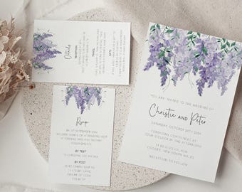 May include: Wedding invitation suite with a watercolor design of purple wisteria flowers. The invitation includes the names "Christie and Peter" and the date "Saturday, October 29th, 2024".