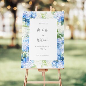 Engagement Party Welcome Sign, Blue & White Hydrangea Flowers, Editable Template, Blue Floral Couples Shower Sign, Pre-Wedding Party Poster image 4