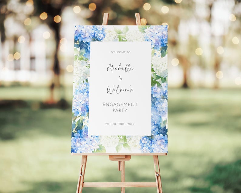 Engagement Party Welcome Sign, Blue & White Hydrangea Flowers, Editable Template, Blue Floral Couples Shower Sign, Pre-Wedding Party Poster image 4
