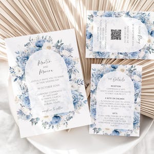 Dusty Blue Floral Wedding Invitation Set, Editable Template, Wedding Invite Suite, Qr Code Rsvp & Details Card, Invitation Bundle AAMM13